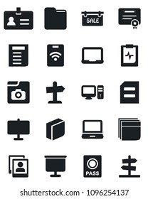 Set of vector isolated black icon - passport vector, identity, notebook pc, document, pulse clipboard, laptop, folder, photo gallery, presentation board, blank box, sale, pass card, certificate