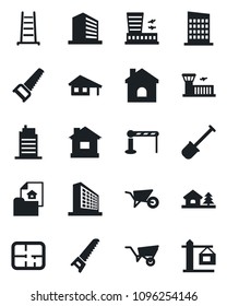 Set of vector isolated black icon - barrier vector, airport building, office, shovel, ladder, wheelbarrow, saw, house, with garage, tree, plan, estate document, city, crane