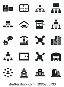 Set of vector isolated black icon - hierarchy vector, well, molecule, hospital, office building, garage, plan, home message