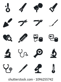 Set of vector isolated black icon - trowel vector, pruner, saw, stethoscope, blood pressure, thermometer, heart diagnostic, microscope, scalpel, microphone