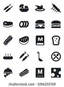 Set of vector isolated black icon - cafe vector, menu, salad, plates, bacon, waiter, bread, chicken, steak, kebab, hamburger, ladle, rolling pin, cheese