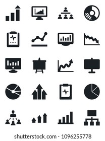 Set of vector isolated black icon - growth statistic vector, presentation board, monitor, circle chart, pulse clipboard, statistics, bar graph, pie, point, hierarchy, arrow up, crisis