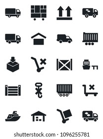 Set of vector isolated black icon - sea shipping vector, truck trailer, car delivery, port, container, consolidated cargo, warehouse storage, up side sign, no trolley, hook, package, moving