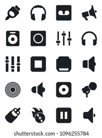 Set of vector isolated black icon - vinyl vector, flame disk, microphone, speaker, loudspeaker, settings, headphones, pause button, stop, rec, rca, hdmi, tuning, record, sound