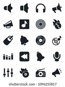 Set of vector isolated black icon - vinyl vector, flame disk, radio, speaker, loudspeaker, settings, equalizer, microphone, headphones, rewind, rca, bell, music, sound, advertising