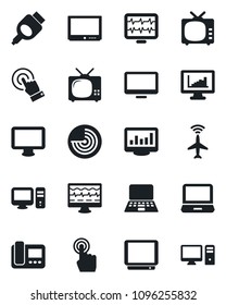 Set of vector isolated black icon - plane radar vector, notebook pc, monitor pulse, tv, touch screen, laptop, hdmi, statistics, intercome
