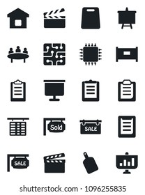 Set of vector isolated black icon - fence vector, flight table, presentation board, meeting, clipboard, clapboard, sale, sold signboard, smart home, cutting, chip