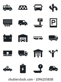 Set of vector isolated black icon - dispatcher vector, taxi, airport bus, parking, alarm car, ambulance, route, truck trailer, delivery, heavy scales, railroad, garage, gate control, battery