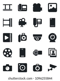 Set of vector isolated black icon - camera vector, film frame, reel, video, phone back, mobile, gallery, photo, web, intercome, surveillance