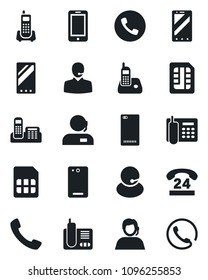 Set of vector isolated black icon - phone vector, mobile, office, 24 hours, support, radio, back, call, sim