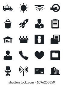 Set of vector isolated black icon - antenna vector, male, bucket, sun, heart, tomography, ambulance car, doctor, clipboard, folder document, mail, call, office chair, support, meeting, warehouse
