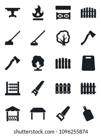 Set of vector isolated black icon - fence vector, tree, saw, fire, hoe, axe, abacus, table, alcove, cutting board