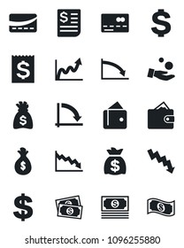 Set of vector isolated black icon - credit card vector, dollar sign, money bag, crisis graph, cash, receipt, wallet, growth, investment