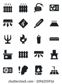 Set of vector isolated black icon - fire vector, hose, fireplace, thermometer, heater, air conditioner, candle, water, smoke detector, radiator, warm floor