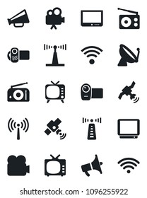 Set of vector isolated black icon - antenna vector, satellite, radio, loudspeaker, tv, video camera, wireless