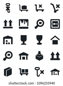 Set of vector isolated black icon - baggage trolley vector, fragile, cargo, warehouse storage, up side sign, no, hook, package, search, scanner, blank box