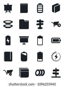 Set of vector isolated black icon - notepad vector, presentation board, wheelbarrow, signpost, battery, low, folder, charge, blank box, plates, guidepost