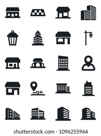 Set of vector isolated black icon - taxi vector, shop, office building, garden light, navigation, store, city house, cafe, storefront