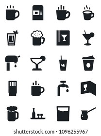 Set of vector isolated black icon - hot cup vector, coffee machine, water supply, alcohol, wine card, drink, cocktail, phyto bar, beer, turkish