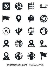 Set of vector isolated black icon - globe vector, seat map, route, navigation, earth, pin, mobile tracking, network, place tag, compass, flag