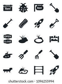 Set of vector isolated black icon - job vector, garden fork, shovel, lady bug, caterpillar, pond, rack, rent, bacon, open close, rocket