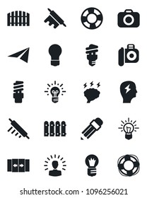 Set of vector isolated black icon - automatic door vector, brainstorm, bulb, camera, pencil, fence, rolling pin, energy saving, shining head, idea, paper plane, crisis management