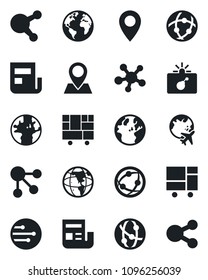 Set of vector isolated black icon - bomb in case vector, plane globe, earth, pin, consolidated cargo, network, share, news, social media