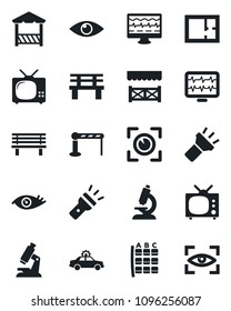 Set of vector isolated black icon - barrier vector, alarm car, seat map, bench, monitor pulse, microscope, eye, torch, plan, tv, alcove, scan