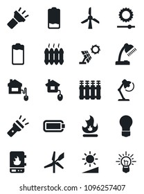 Set of vector isolated black icon - bulb vector, fire, battery, low, torch, brightness, desk lamp, heater, home control, water, radiator, sun panel, windmill, idea