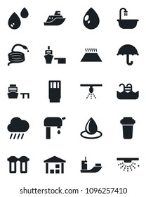 Set of vector isolated black icon - water drop vector, rain, hose, sea shipping, port, umbrella, warehouse, pool, supply, bathroom, drink, filter, warm floor, sprinkler