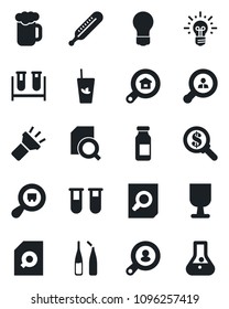 Set of vector isolated black icon - document search vector, bulb, blood test vial, thermometer, ampoule, fragile, cargo, torch, estate, client, phyto bar, beer, money, idea, flask