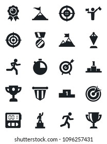 Set of vector isolated black icon - dispatcher vector, pedestal, pennant, medal, run, stopwatch, target, motivation, award cup