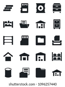 Set of vector isolated black icon - luggage storage vector, warehouse, oil barrel, rack, sd, folder, document, paper tray, archive box