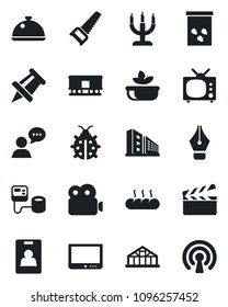 Set of vector isolated black icon - drawing pin vector, saw, lady bug, greenhouse, seeds, blood pressure, railroad, clapboard, tv, speaker, video, identity card, ink pen, office building, dish