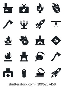 Set of vector isolated black icon - bomb in case vector, fire, hose, axe, fireplace, flammable, flame disk, candle, sprinkler, rocket