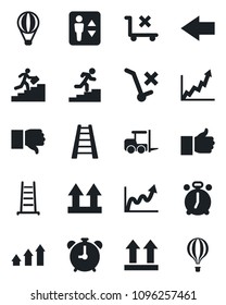 Set of vector isolated black icon - elevator vector, alarm clock, left arrow, fork loader, ladder, up side sign, no trolley, finger, down, career, graph, growth, air balloon