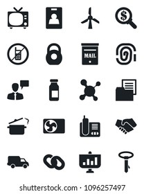 Set of vector isolated black icon - no mobile vector, tv, speaking man, molecule, ampoule, car delivery, folder document, heavy, radio phone, chain, identity card, mailbox, air conditioner, windmill