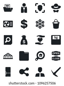 Set of vector isolated black icon - dollar sign vector, document search, money bag, bucket, greenhouse, scales, heart hand, folder, face id, estate, agent, fridge, waiter, dress code, open close