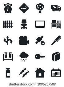 Set of vector isolated black icon - alarm clock vector, smoking place, office chair, desk, pen, fence, house, rain, blood test vial, ampoule, route, satellite, tv, video camera, blank box, key