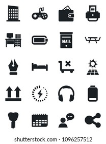 Set of vector isolated black icon - bed vector, desk, printer, picnic table, implant, term, up side sign, no trolley, gamepad, speaker, headphones, low battery, charge, ink pen, mailbox, city house