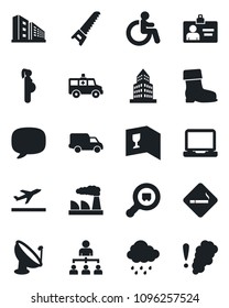 Set of vector isolated black icon - departure vector, smoking place, disabled, identity card, hierarchy, factory, boot, saw, rain, ambulance car, pregnancy, delivery, search cargo, satellite antenna