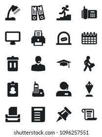 Set of vector isolated black icon - ticket office vector, pennant, binder, graduate, document, calendar, phone, monitor, radio, drawing pin, support, desk lamp, printer, paper tray, manager