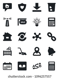 Set of vector isolated black icon - antenna vector, trash bin, lawn mower, heart shield, navigation, route, share, chain, bell, record, download, update, house, sale, children room, home message
