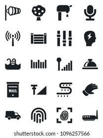 Set of vector isolated black icon - antenna vector, reception bell, wind, brainstorm, glove, drip irrigation, car delivery, container, barcode, settings, microphone, fingerprint id, cellular signal