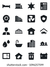 Set of vector isolated black icon - bed vector, greenhouse, office building, house with tree, garage, plan, estate agent, bathroom, smart home, fan, web camera, water, protect, police, trash bin