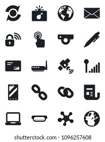 Set of vector isolated black icon - bomb in case vector, mobile phone, mail, pen, earth, satellite, news, touch screen, laptop pc, share, chain, cellular signal, update, hot dog, wireless lock