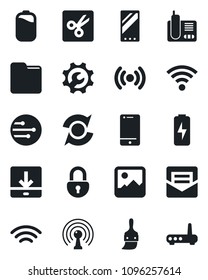Set of vector isolated black icon - antenna vector, cell phone, radio, mobile, gallery, themes, mail, network, folder, download, wireless, cut, lock, battery, charge, root setup, update, router