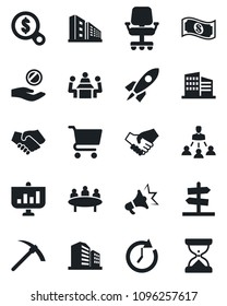 Set of vector isolated black icon - meeting vector, hierarchy, office building, rocket, handshake, clock, chair, money search, investment, cart, cash, advertising, presentation, guidepost, hard work