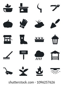 Set of vector isolated black icon - trowel vector, rake, pruner, glove, boot, lawn mower, fire, seedling, rain, well, sickle, plant label, pumpkin, garden light, fireplace, pond, salad, alcove