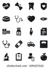 Set of vector isolated black icon - heart pulse vector, diagnosis, stethoscope, microscope, scales, pills, bottle, patch, ambulance car, shield, caries, eye, broken bone, clipboard, hospital